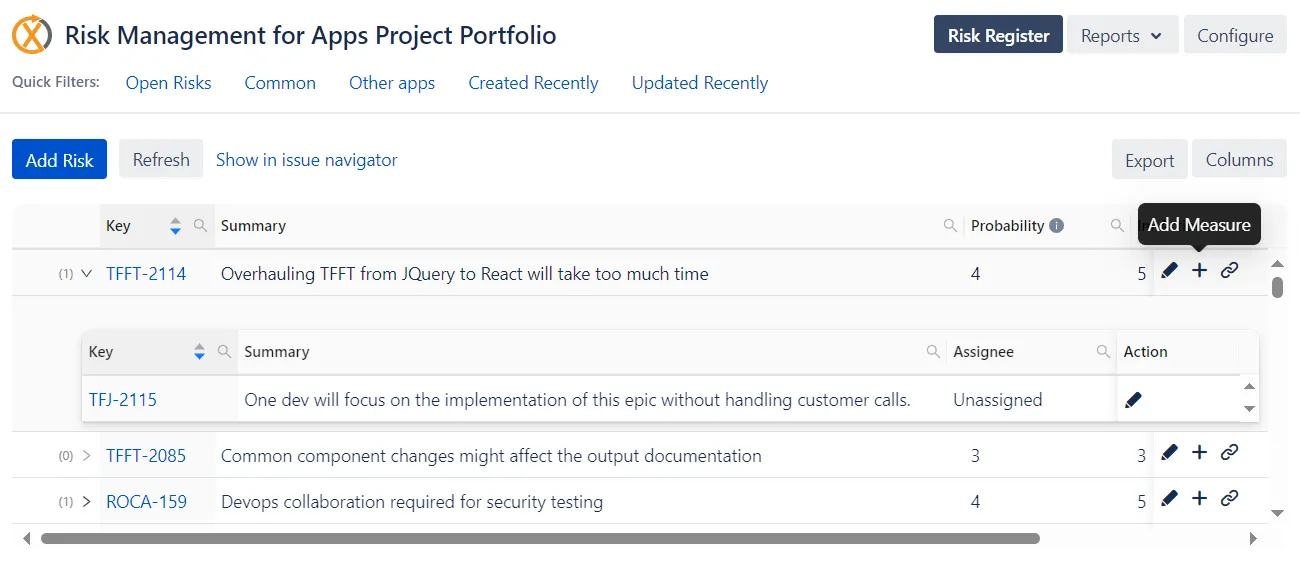 Risk Register add measures - Risk Management for Jira